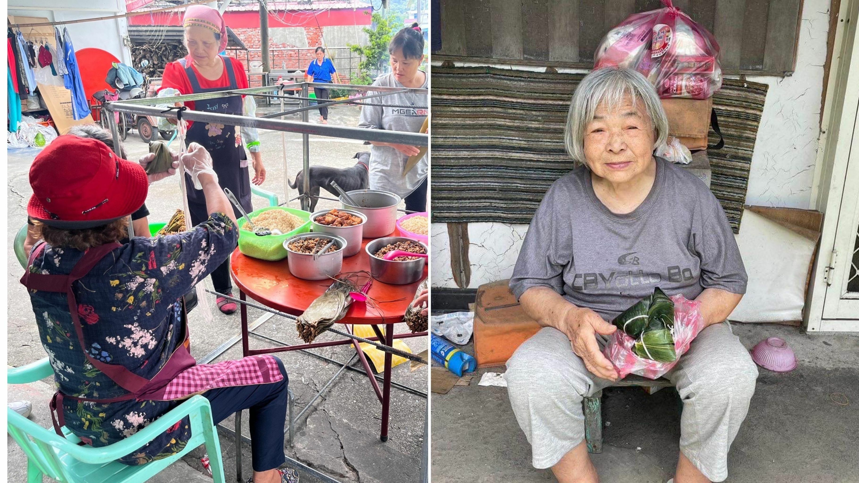 右圖為81歲獨居的阿美嬤感謝蘋果慈善基金會捐款人而有的端午節關懷。花蓮老家協會提供。左圖為台東縣天主教愛德婦女協會志工協力包粽要贈予部落獨居長輩。愛德婦女協會提供