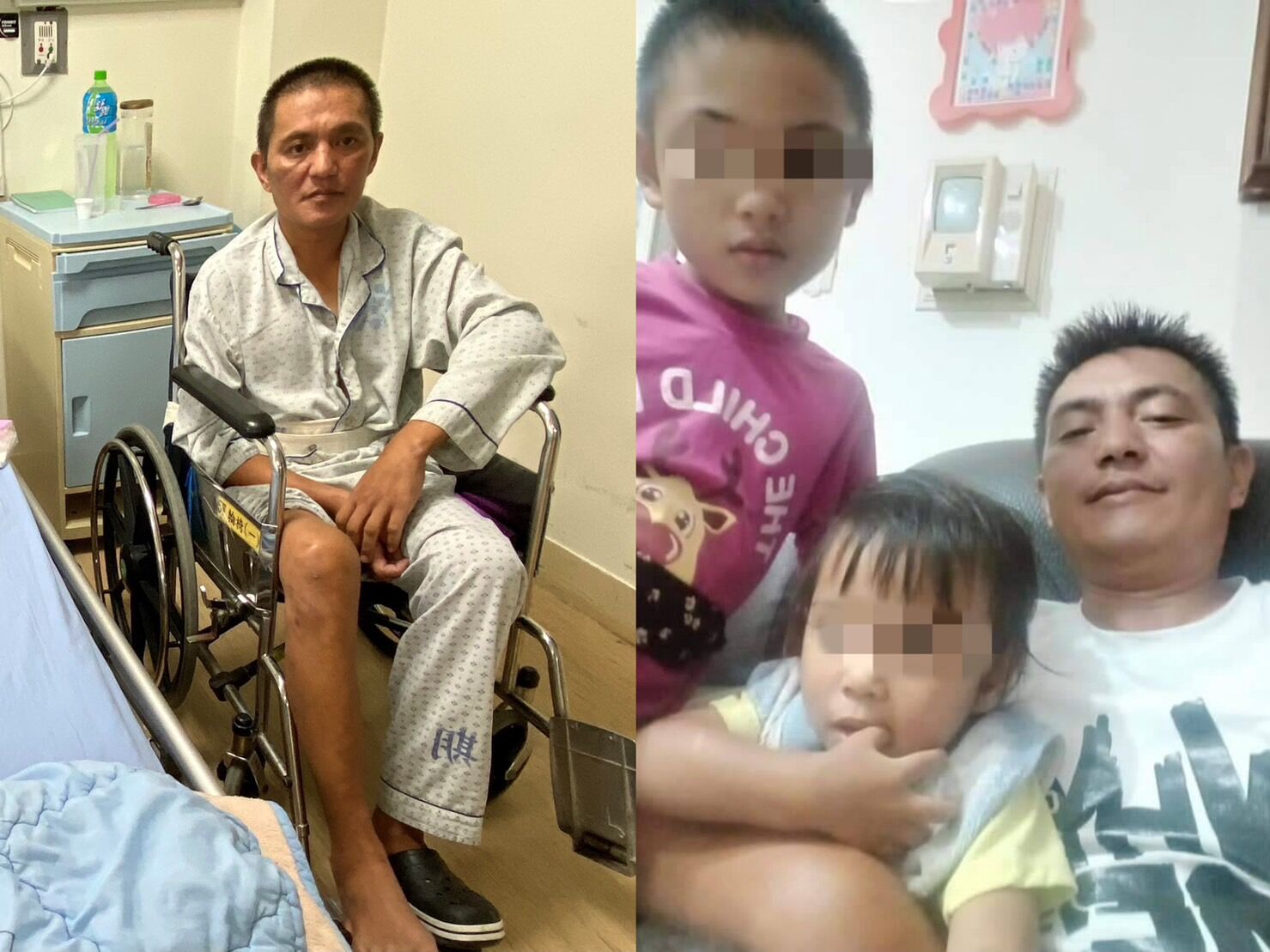 左圖為44歲單親爸石志雄中風後，右手全癱，右腳也沒力，憂心3子女的未來。王雪玲攝。右圖為病倒前的石志雄過去趁空時，與由母親照顧的次子小威及託岳母照顧的小女小柔相聚。石志雄提供。