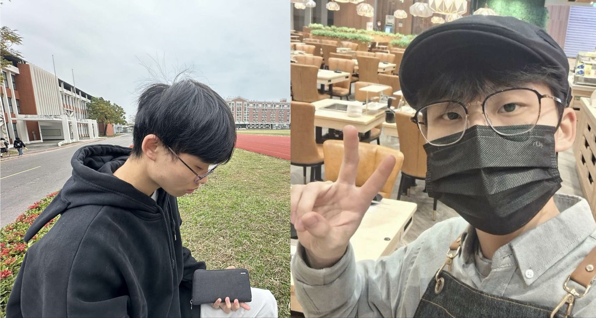 左圖為18歲的小彥今年剛升大一，在外租屋求學。江品璁攝。右圖為小彥終於在2個月前找到火鍋店的服務生可有收入助家計，因此開心自拍比YA。家屬提供